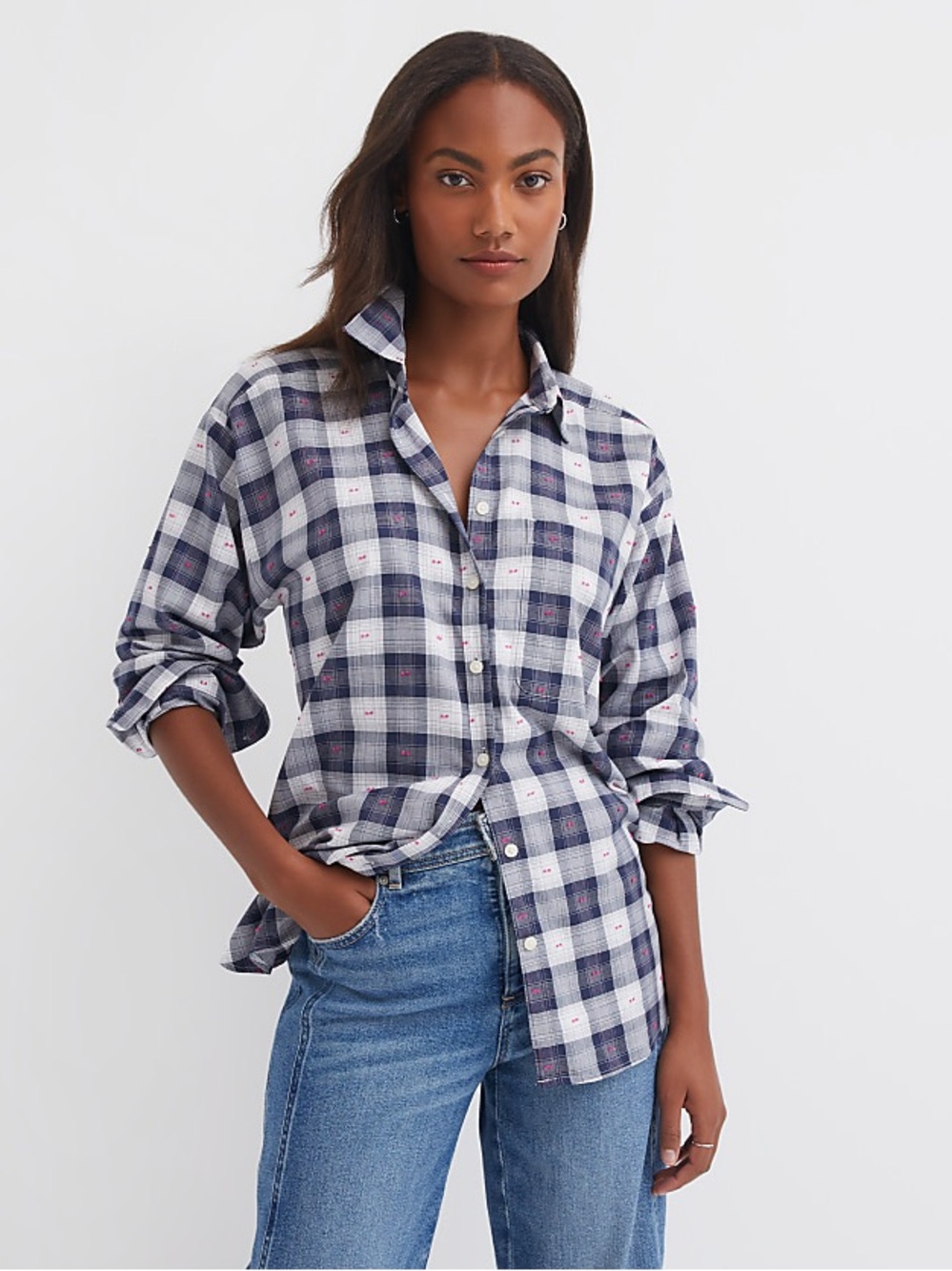 LOFT Blue Plaid Button-Down Long Sleeve Shirt with Pink Embroidered Details